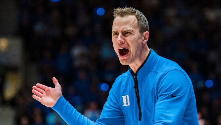 Duke head coach Jon Scheyer reacts during an NCAA college basketball game against North Carolina on Saturday, Feb. 4, 2023, in Durham, N.C. (AP Photo/Jacob Kupferman)