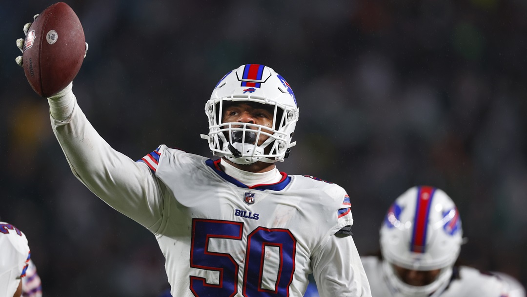 Buffalo Bills defensive end Greg Rousseau (50) in action against the Philadelphia Eagles during an NFL football game, Sunday, Nov. 26, 2023, in Philadelphia.
