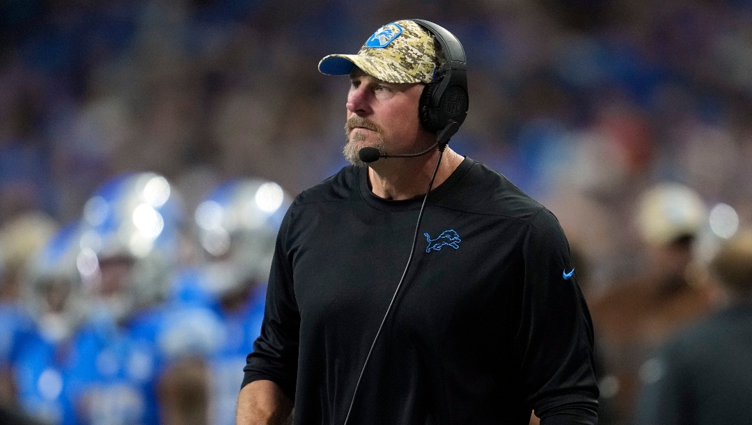 Detroit Lions head coach Dan Campbell watches from the sideline during the second half of an NFL football game against the Chicago Bears, Sunday, Nov. 19, 2023, in Detroit. (AP Photo/Paul Sancya)