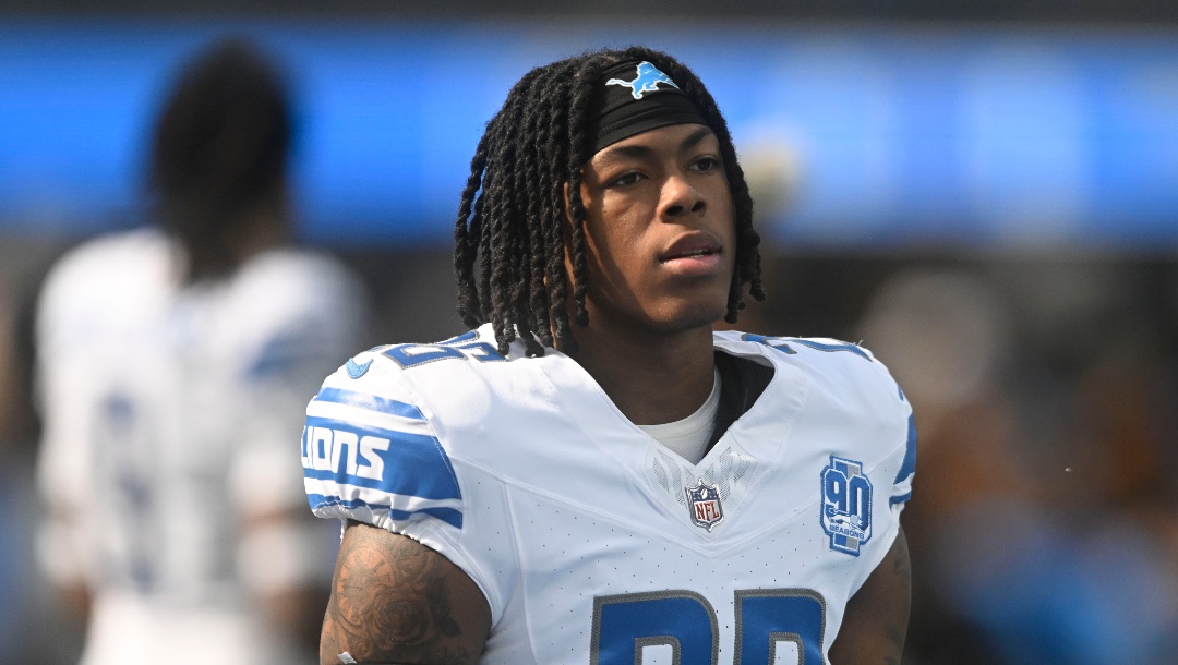 Detroit Lions running back Jahmyr Gibbs (26) warms-up before an NFL football game against Los Angeles Chargers Sunday, November 12, 2023, in Inglewood, Calif. (AP Photo/Denis Poroy)