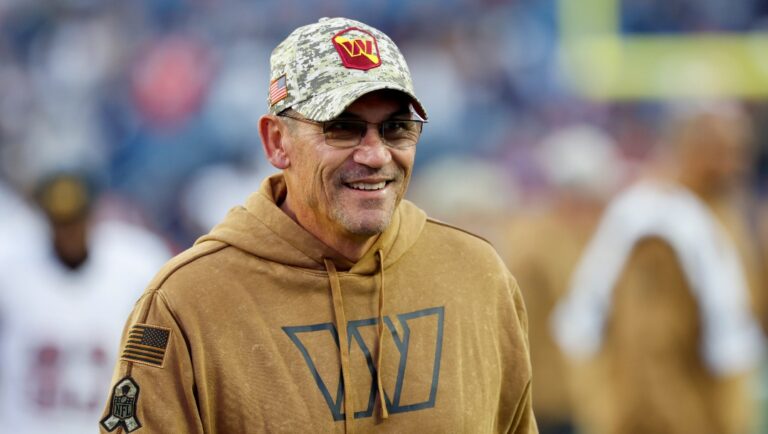 Washington Commanders head coach Ron Rivera react after defeating the New England Patriots in an NFL football game on Sunday, Nov. 5, 2023, in Foxborough, Mass. (AP Photo/Greg M. Cooper)