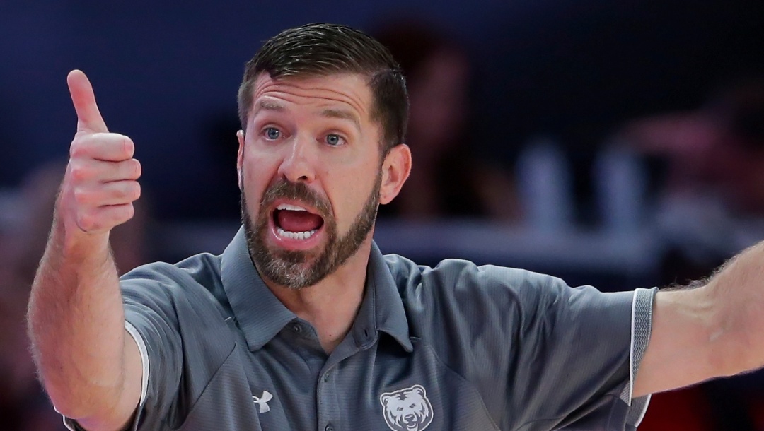 Northern Colorado head coach Steve Smiley yells plays to his players during the second half of an NCAA college basketball game against Houston, Monday, Nov. 7, 2022, in Houston. (AP Photo/Michael Wyke)
