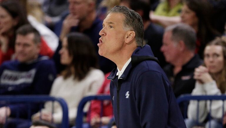 San Diego coach Steve Lavin encourages players during the first half of the team's NCAA college basketball game against Gonzaga, Thursday, Feb. 23, 2023, in Spokane, Wash. (AP Photo/Young Kwak)