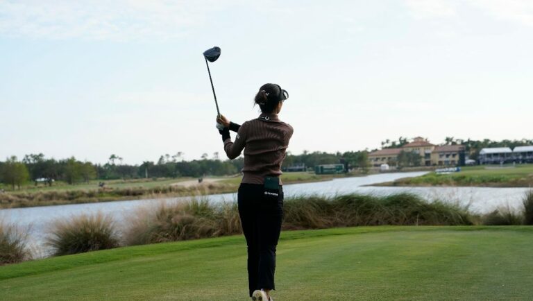 Lydia Ko of New Zealand hits from the 18th tee during the second round of the LPGA CME Group Tour Championship golf tournament, Friday, Nov. 18, 2022, at the Tiburón Golf Club in Naples, Fla.