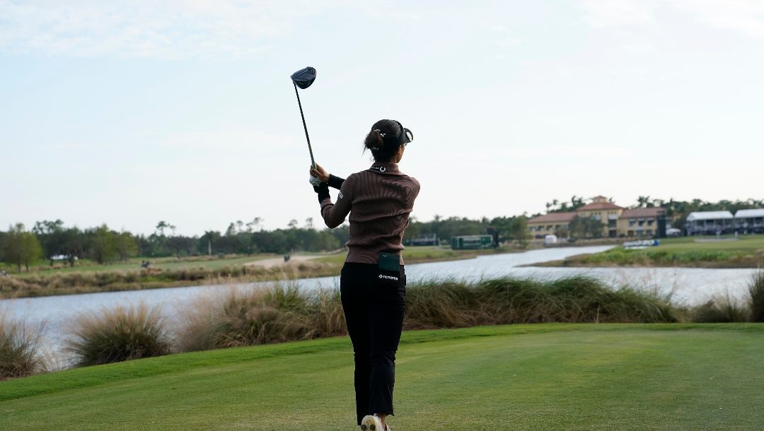 Lydia Ko of New Zealand hits from the 18th tee during the second round of the LPGA CME Group Tour Championship golf tournament, Friday, Nov. 18, 2022, at the Tiburón Golf Club in Naples, Fla.