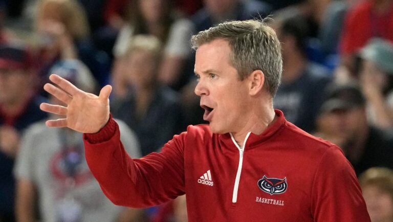 Florida Atlantic head coach Dusty May watches during the second half of an NCAA college basketball game against Liberty, Thursday, Nov. 30, 2023, in Boca Raton, Fla.