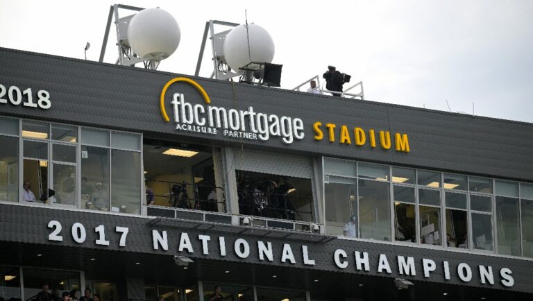MatSing lens antennas are viewed above the stadium stands, providing the most advanced cellular signal distribution antenna system for high-density environments during the first half of an NCAA college football game between Central Florida and Kent State, Thursday, Aug. 31, 2023, in Orlando, Fla.