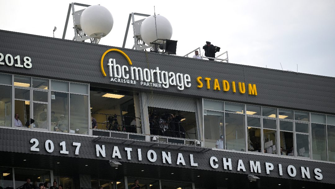 MatSing lens antennas are viewed above the stadium stands, providing the most advanced cellular signal distribution antenna system for high-density environments during the first half of an NCAA college football game between Central Florida and Kent State, Thursday, Aug. 31, 2023, in Orlando, Fla.