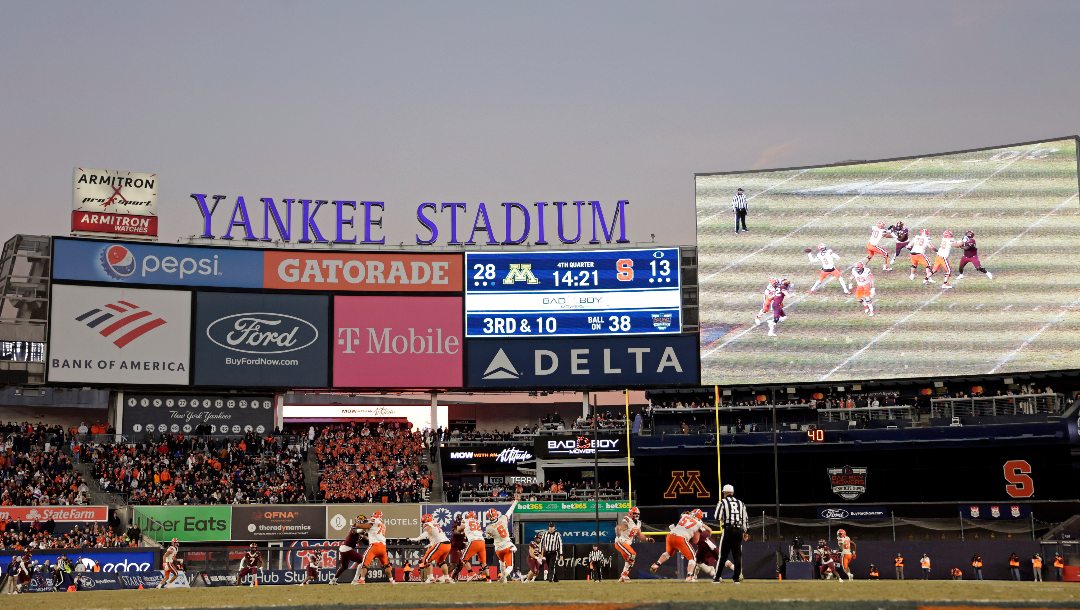 Syracuse quarterback Garrett Shrader (6) passes against Minnesota during the second half of the Pinstripe Bowl NCAA college football game Thursday, Dec. 29, 2022, in New York.
