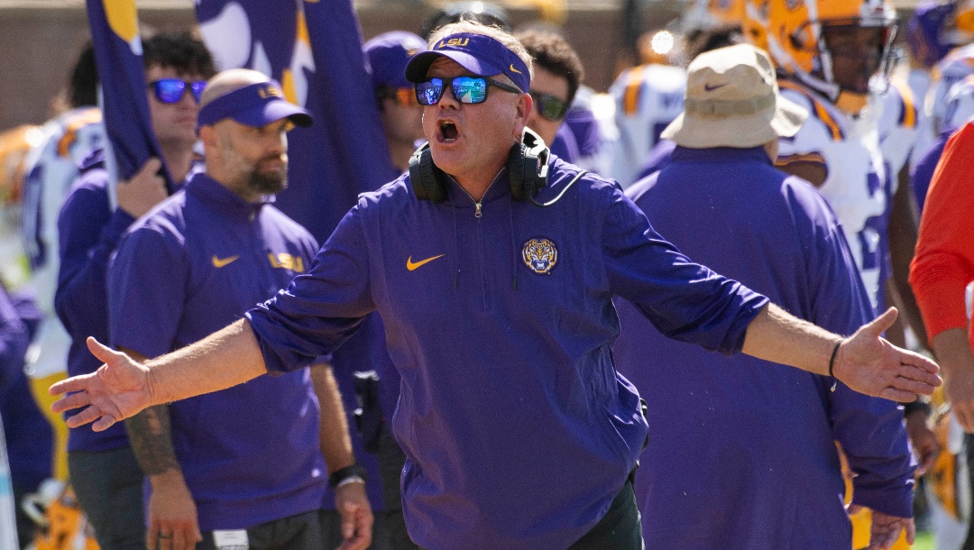 LSU head coach Brian Kelly argues a call during the third quarter of an NCAA college football game against Missouri, Saturday, Oct. 7, 2023, in Columbia, Mo. LSU won 49-39. (AP Photo/L.G. Patterson)