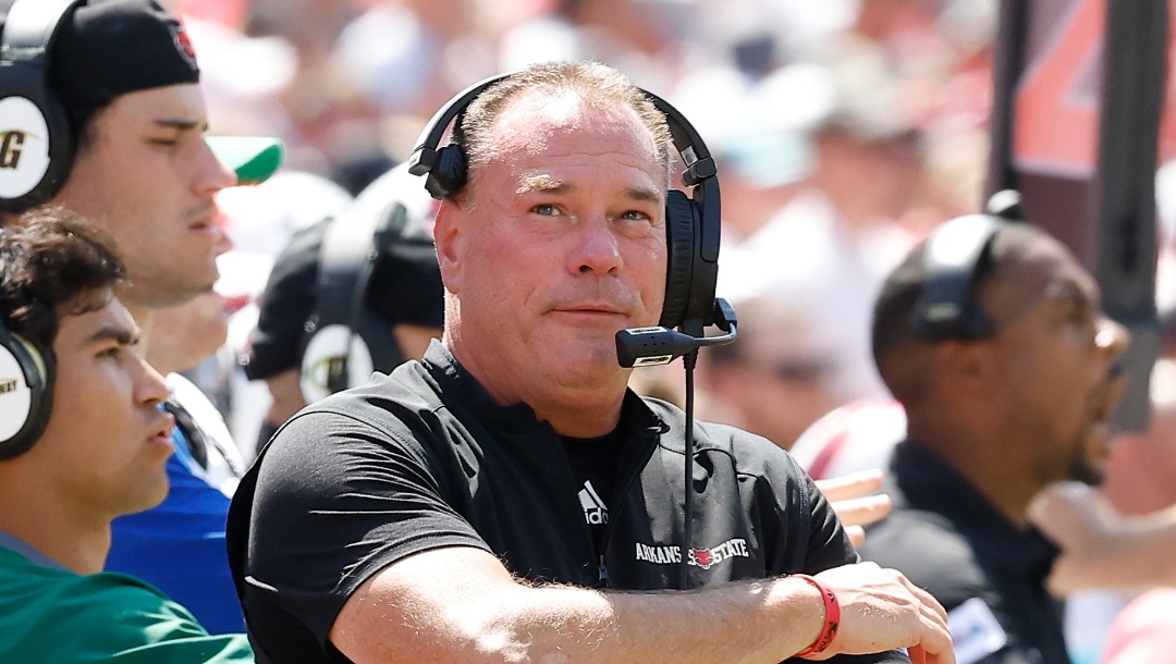 Arkansas State head coach Butch Jones looks on as his team plays Oklahoma during the first half of an NCAA college football game, Saturday, Sept. 2, 2023, in Norman, Okla. (AP Photo/Alonzo Adams)