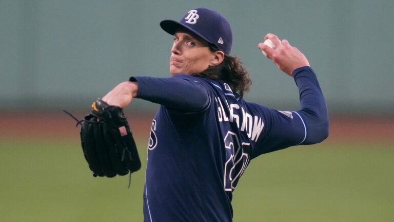 Tampa Bay Rays starting pitcher Tyler Glasnow during a baseball game at Fenway Park, Wednesday, Sept. 27, 2023, in Boston.
