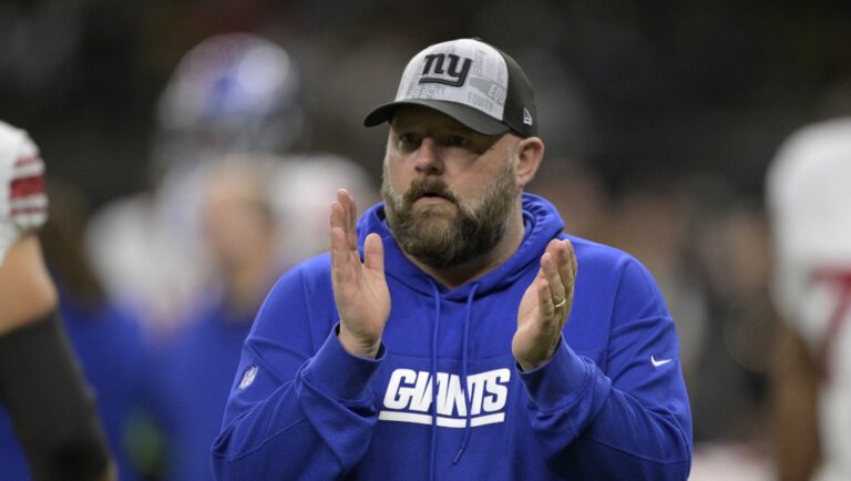 New York Giants head coach Brian Daboll claps for his players during an NFL football game against the New Orleans Saints in New Orleans, Sunday, Dec. 17, 2023. (AP Photo/Matthew Hinton)