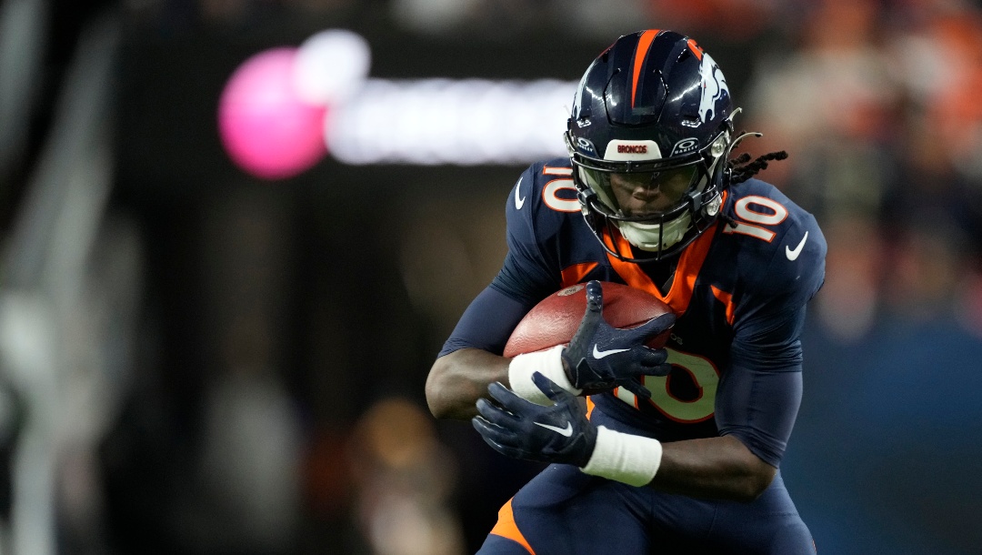 Denver Broncos wide receiver Jerry Jeudy (10) in the second half of an NFL football game Sunday, Nov. 19, 2023, in Denver. (AP Photo/David Zalubowski)
