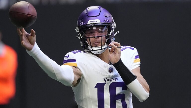 Minnesota Vikings quarterback Jaren Hall throws a pass during the first half of an NFL football game against the Atlanta Falcons, Nov. 5, 2023, in Atlanta. The Vikings have switched starting quarterbacks for the fourth time in nine weeks. They are handing the offense again to rookie Hall with two must-win games left for making the playoffs. He replaces Nick Mullens.