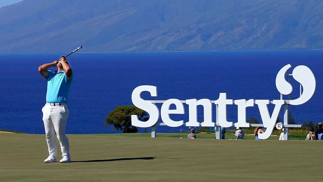 Tom Kim reacts after missing his birdie putt on the 10th green during the final round of the Tournament of Champions golf event, Sunday, Jan. 8, 2023, at Kapalua Plantation Course in Kapalua, Hawaii.