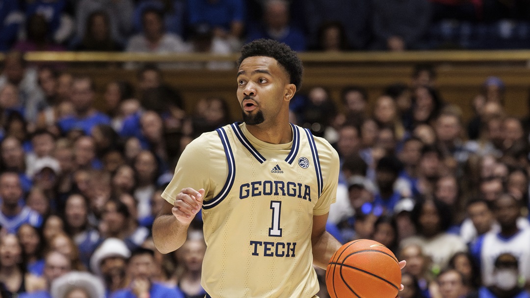 Georgia Tech's Kyle Sturdivant (1) handles the ball during the first half of an NCAA college basketball game against Duke in Durham, N.C., Saturday, Jan. 13, 2024.