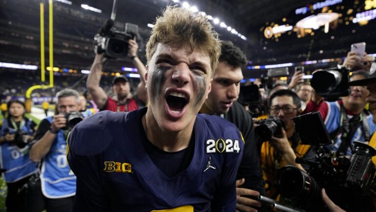 Michigan quarterback J.J. McCarthy celebrates their win against Washington in the national championship NCAA College Football Playoff game Monday, Jan. 8, 2024, in Houston.
