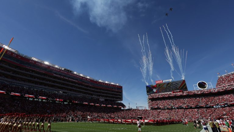 Planes fly over Levi's Stadium before an NFL football game between the San Francisco 49ers and the Kansas City Chiefs in Santa Clara, Calif., Sunday, Oct. 20, 2024. (AP Photo/Jed Jacobsohn)