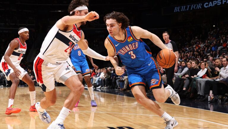 Josh Giddey #3 of the Oklahoma City Thunder drives to the basket during the game against the Washington Wizards on January 8, 2024 at Capital One Arena in Washington, DC.