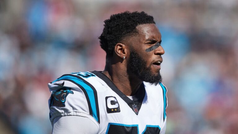 Carolina Panthers defensive end Brian Burns (53) reacts after a play on defense during an NFL football game against the Tampa Bay Buccaneers, Sunday, Oct. 23, 2022, in Charlotte, N.C. (AP Photo/Brian Westerholt)