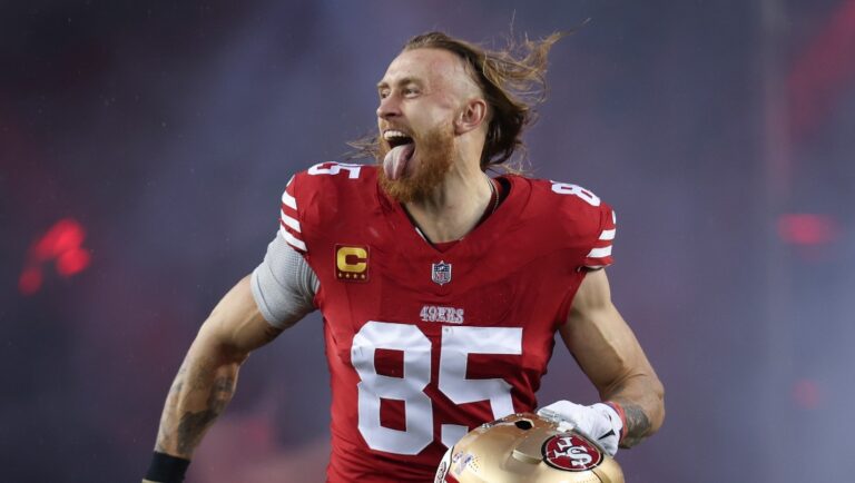 San Francisco 49ers tight end George Kittle (85) enter the field before an NFL football NFC divisional playoff game against the Green Bay Packers, Saturday, Jan. 20, 2024, in Santa Clara, Calif. (AP Photo/Jed Jacobsohn)
