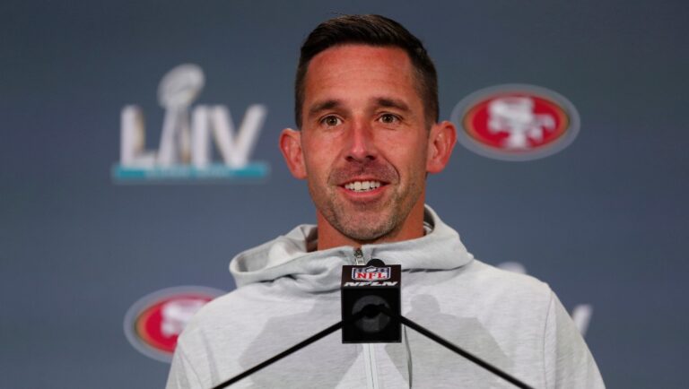 San Francisco 49ers head coach Kyle Shanahan speaks at a media availability, Thursday, Jan. 30, 2020, in Miami, for the NFL Super Bowl 54 football game against the Kansas City Chiefs. (AP Photo/Wilfredo Lee)