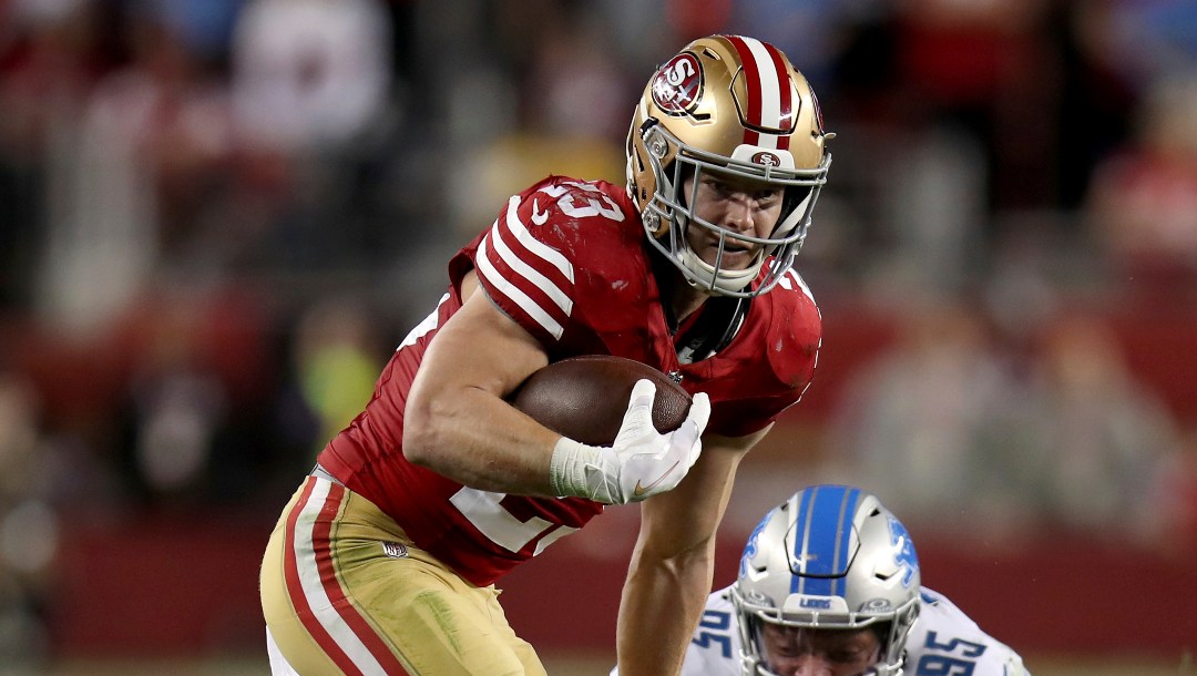 San Francisco 49ers running back Christian McCaffrey (23) runs during the NFC Championship NFL football game against the Detroit Lions in Santa Clara, Calif., Sunday, Jan. 28, 2024. (AP Photo/Scot Tucker)