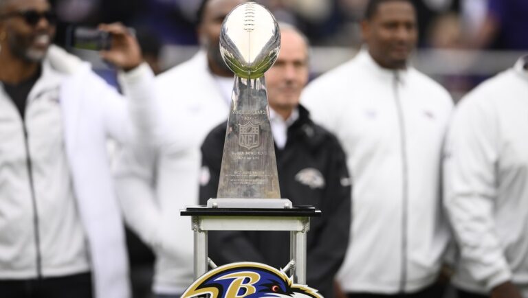 The Vince Lombardi trophy is seen at a ceremony to honor the 2012 Baltimore Ravens who won Super Bowl XLVII during halftime of an NFL football game between the Cleveland Browns and the Ravens, Sunday, Oct. 23, 2022, in Baltimore.