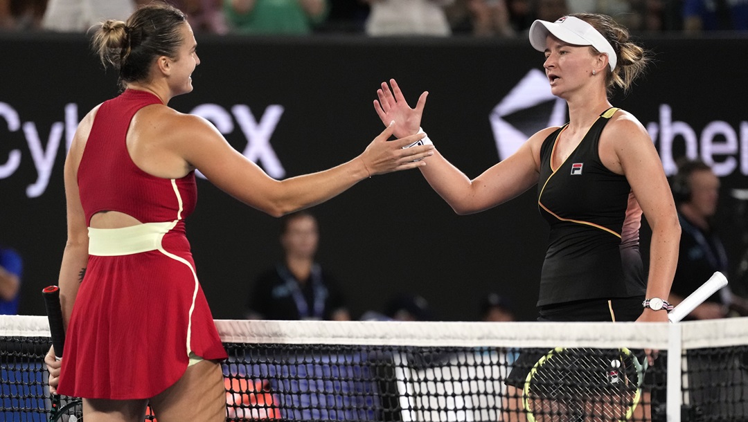 Barbora Krejcikova, right, of the Czech Republic congratulates Aryna Sabalenka of Belarus following their quarterfinal match at the Australian Open tennis championships at Melbourne Park, Melbourne, Australia, Tuesday, Jan. 23, 2024.