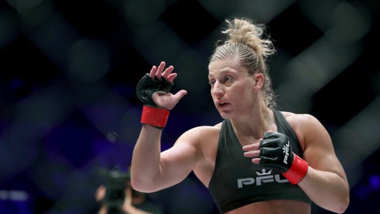 FILE - Kayla Harrison is shown during a Professional Fighters League bout against Larissa Pacheco at Nassau Coliseum.