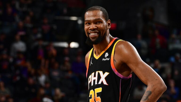 Kevin Durant #35 of the Phoenix Suns looks on during the game on February 8, 2024 at Footprint Center in Phoenix, Arizona.