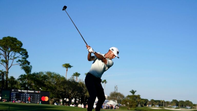 Eric Cole prepares to hit from the 18th tee during the third round of the Honda Classic golf tournament, Saturday, Feb. 25, 2023, in Palm Beach Gardens, Fla.