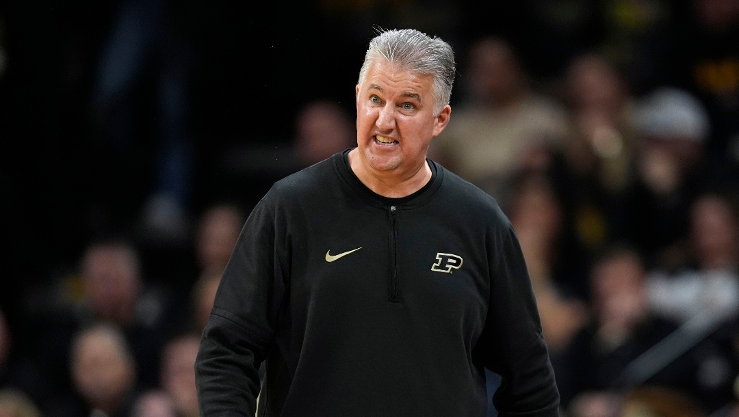 Purdue head coach Matt Painter directs his team during the second half of an NCAA college basketball game against Iowa, Saturday, Jan. 20, 2024, in Iowa City, Iowa. Purdue won 84-70. (AP Photo/Charlie Neibergall)