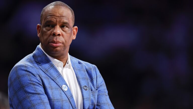 North Carolina head coach Hubert Davis looks on during the second half of an NCAA college basketball game against Georgia Tech Tuesday, Jan. 30, 2024, in Atlanta.