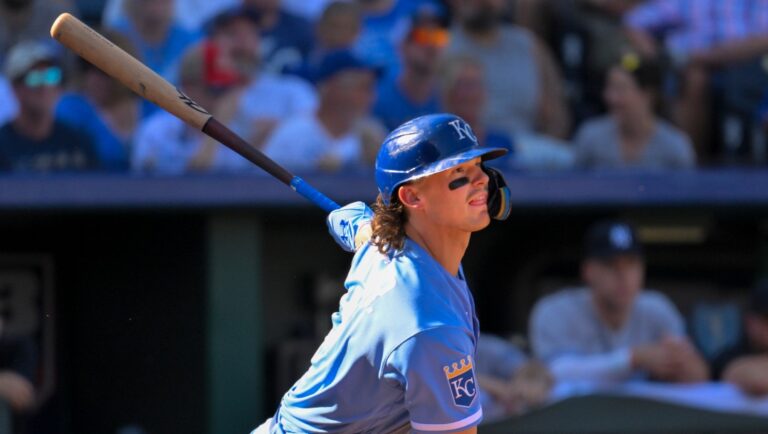 Kansas City Royals' Bobby Witt Jr. hits a triple against the New York Yankees during the fifth inning of a baseball game, Sunday, Oct. 1, 2023, in Kansas City, Mo.