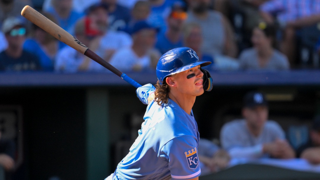 Kansas City Royals' Bobby Witt Jr. hits a triple against the New York Yankees during the fifth inning of a baseball game, Sunday, Oct. 1, 2023, in Kansas City, Mo.