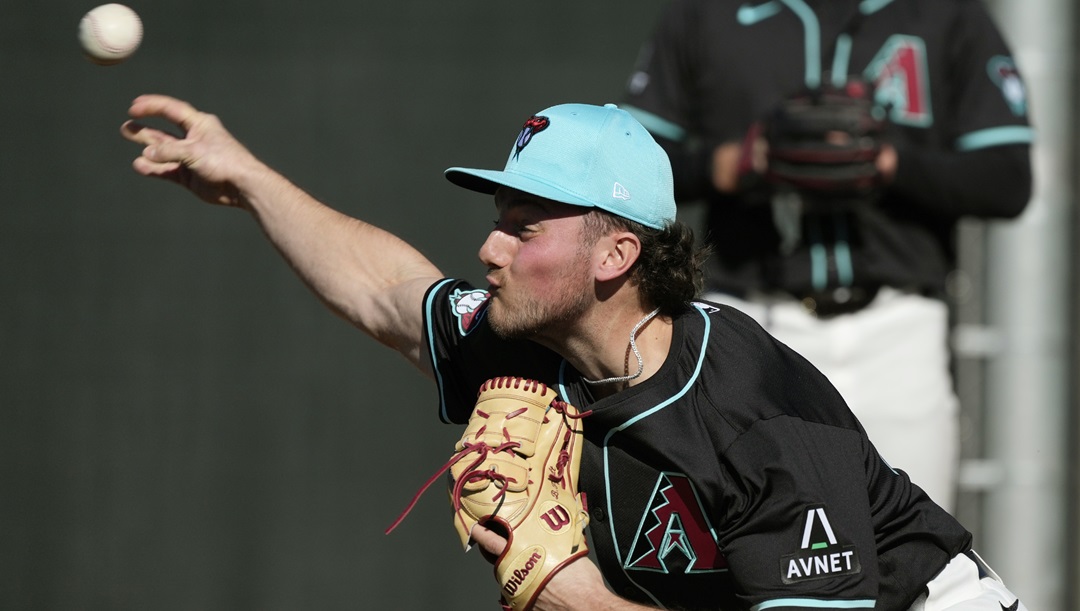 Arizona Diamondbacks starting pitcher Brandon Pfaadt throws during spring training baseball workouts Saturday, Feb. 17, 2024, in Scottsdale, Ariz.