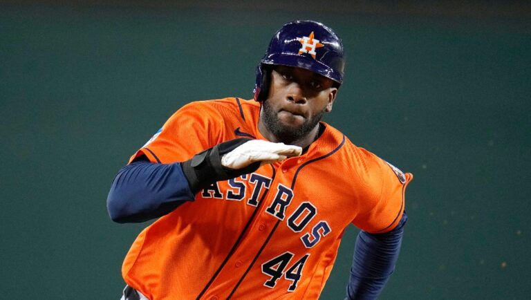 Houston Astros' Yordan Alvarez runs the bases during Game 3 of the baseball American League Championship Series against the Texas Rangers Wednesday, Oct. 18, 2023, in Arlington, Texas. (AP Photo/Julio Cortez)