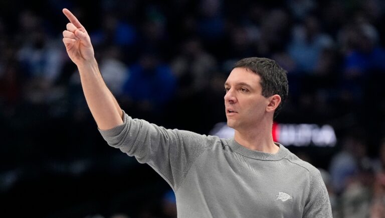 DALLAS, TEXAS - FEBRUARY 10: Head coach Mark Daigneault of the Oklahoma City Thunder looks on during the first half against the Dallas Mavericks at American Airlines Center on February 10, 2024 in Dallas, Texas. NOTE TO USER: User expressly acknowledges and agrees that, by downloading and or using this photograph, User is consenting to the terms and conditions of the Getty Images License Agreement.