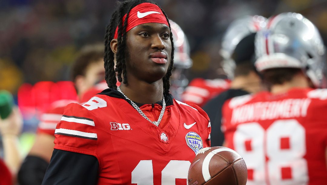 Ohio State wide receiver Marvin Harrison Jr. stands on the sideline during the second half of the Cotton Bowl NCAA college football game against Missouri, Friday, Dec. 29, 2023, in Arlington, Texas.