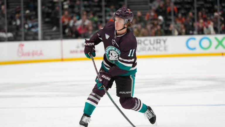 Anaheim Ducks center Trevor Zegras shoots during the third period of an NHL hockey game against the Seattle Kraken Saturday, Dec. 23, 2023, in Anaheim, Calif.