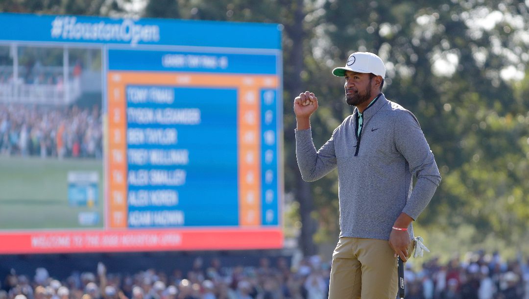 Tony Finau pumps his fist at the end of the final round after winning the Houston Open golf tournament Sunday, Nov. 13, 2022, in Houston.