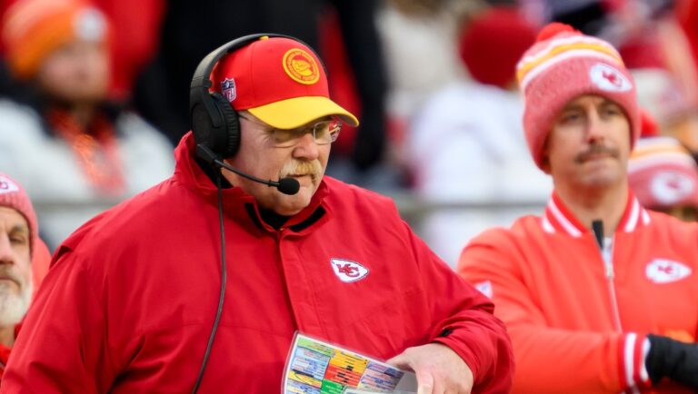Kansas City Chiefs head coach Andy Reid along the sidelines during the first half of an NFL football game against the Cincinnati Bengals, Sunday, Dec. 31, 2023 in Kansas City, Mo. (AP Photo/Reed Hoffmann)