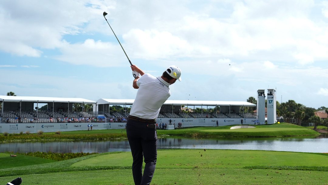 Austin Eckroat hits from the 17th tee during the final round of the Cognizant Classic golf tournament, Monday, March 4, 2024, in Palm Beach Gardens, Fla. Eckroat won the tournament.