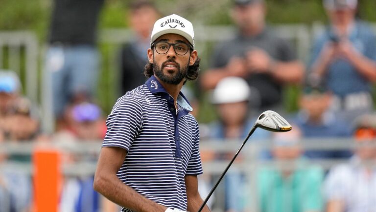 Akshay Bhatia watches his drive on the first hole during the final round of the Texas Open golf tournament, Sunday, April 7, 2024, in San Antonio.