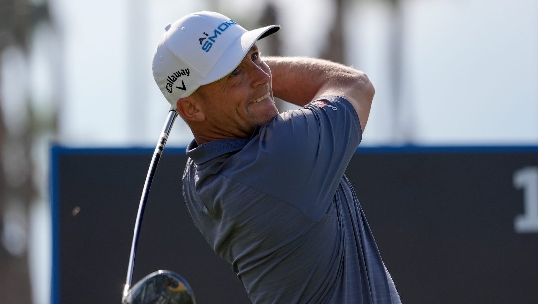 Alex Noren watches his tee shot on the 11th hole of the Pete Dye Stadium Course during the final round of the American Express golf tournament, Sunday, Jan. 21, 2024, in La Quinta, Calif.