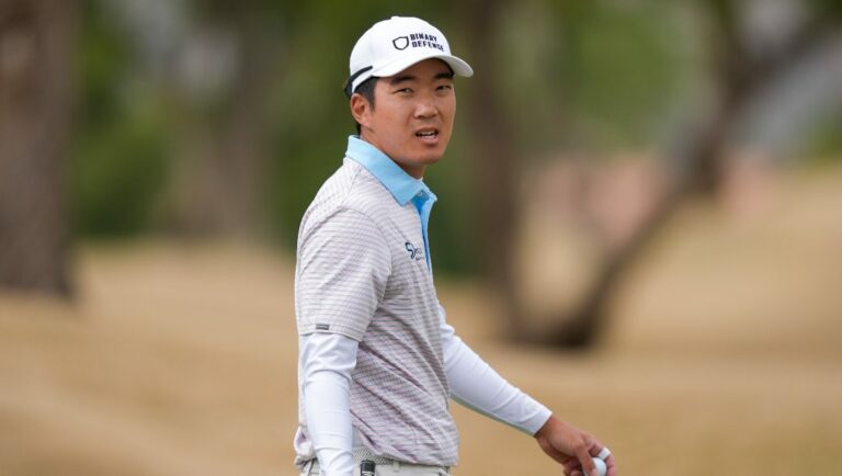 Michael Kim walks on the second green after putting on the Pete Dye Stadium Course at PGA West during the third round of The American Express golf tournament Saturday, Jan. 20, 2024, in La Quinta, Calif.