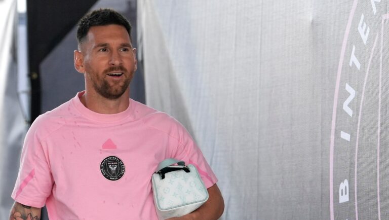 Inter Miami forward Lionel Messi arrives for an MLS soccer match against D.C. United, Saturday, May 18, 2024, in Fort Lauderdale, Fla.