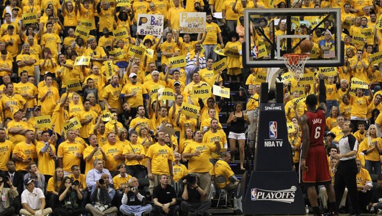 Fans try to distrack LeBron James #6 of the Miami Heat as he shoots a free throw against the Indiana Pacers in Game Three of the Eastern Conference Semifinals in the 2012 NBA Playoffs at Bankers Life Fieldhouse on May 17, 2012 in Indianapolis, Indiana. The Pacers defeated the Heat 94-75.